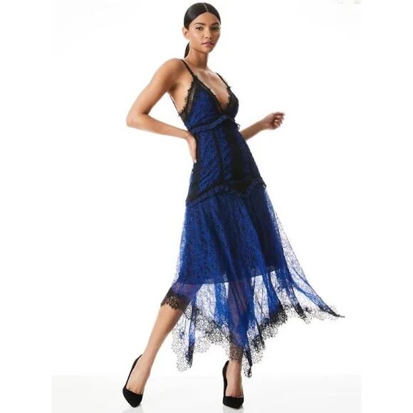 Alice + Olivia Opal Lace Handkerchief Dress Black Blue Size 6 Midi Lace Ruffle - Picture 1 of 12